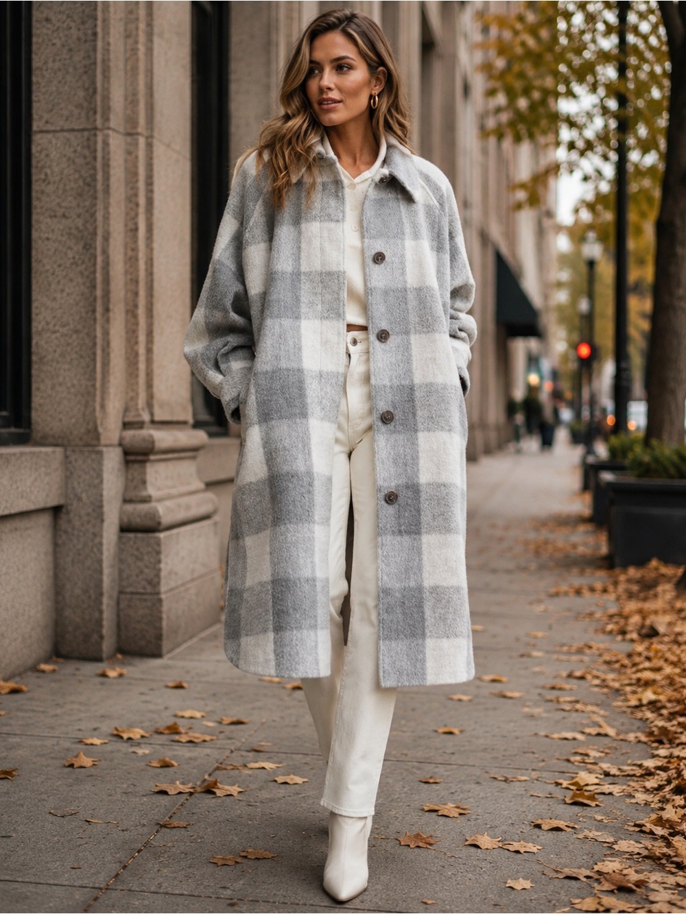 H&M Plaid Longline Wool Blend Coat Shacket XS | Grey + White Tortoise Buttons